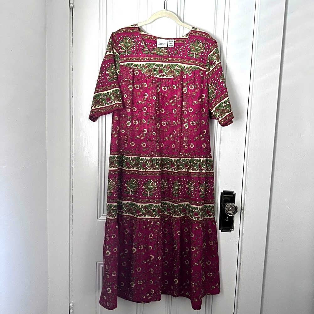 Vermont Country Store Cotton Block Print Dress Pink Floral Boho Midi Medium